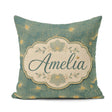 Custom Name Artistic Teal Floral Outline Pattern with Large Gold Square Filled Cushion Throw Pillow Sofa Bed Home Decor Zip Washable UK Made