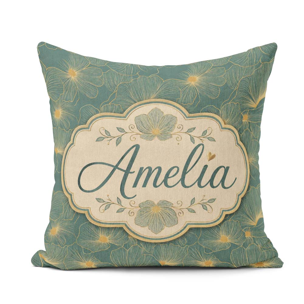 Custom Name Artistic Teal Floral Outline Pattern with Large Gold Square Filled Cushion Throw Pillow Sofa Bed Home Decor Zip Washable UK Made