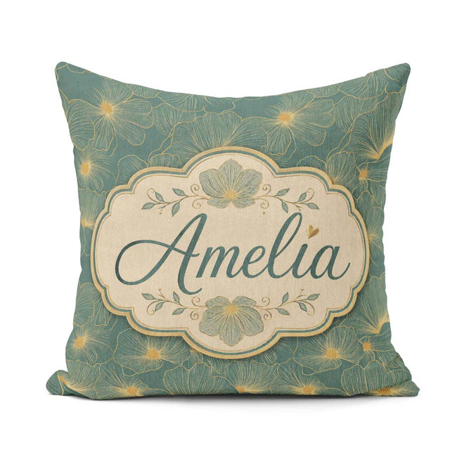 Custom Name Artistic Teal Floral Outline Pattern with Large Gold Square Filled Cushion Throw Pillow Sofa Bed Home Decor Zip Washable UK Made