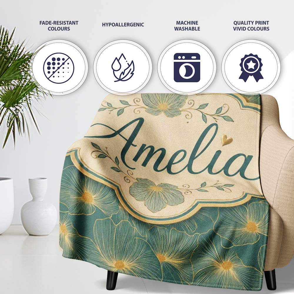 Artistic Teal Floral Outline Pattern with Large Gold Detailed Lovely  Personalised Custom Name Super Soft Fleece Blanket Bed Sofa Throw