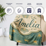 Artistic Teal Floral Outline Pattern with Large Gold Detailed Lovely  Personalised Custom Name Super Soft Fleece Blanket Bed Sofa Throw