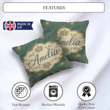 Custom Name Artistic Teal Floral Outline Pattern with Large Gold Square Filled Cushion Throw Pillow Sofa Bed Home Decor Zip Washable UK Made