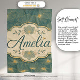 Artistic Teal Floral Outline Pattern with Large Gold Detailed Lovely  Personalised Custom Name Super Soft Fleece Blanket Bed Sofa Throw