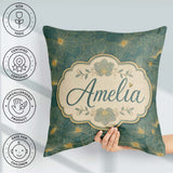Custom Name Artistic Teal Floral Outline Pattern with Large Gold Square Filled Cushion Throw Pillow Sofa Bed Home Decor Zip Washable UK Made