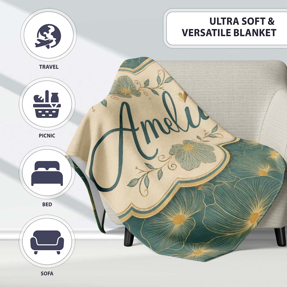Artistic Teal Floral Outline Pattern with Large Gold Detailed Lovely  Personalised Custom Name Super Soft Fleece Blanket Bed Sofa Throw