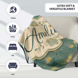 Artistic Teal Floral Outline Pattern with Large Gold Detailed Lovely  Personalised Custom Name Super Soft Fleece Blanket Bed Sofa Throw