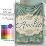 Artistic Teal Floral Outline Pattern with Large Gold Detailed Lovely  Personalised Custom Name Super Soft Fleece Blanket Bed Sofa Throw