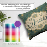 Custom Name Artistic Teal Floral Outline Pattern with Large Gold Square Filled Cushion Throw Pillow Sofa Bed Home Decor Zip Washable UK Made