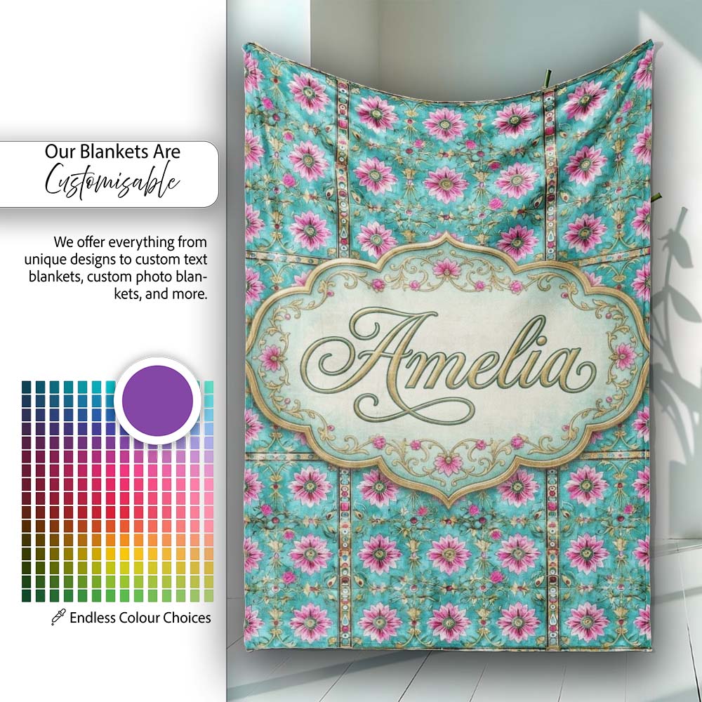 Teal Pink Daisy Floral Tile Pattern Vintage Ornamental Design Lovely  Personalised Custom Name Super Soft Fleece Blanket Bed Sofa Throw