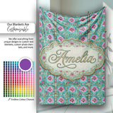 Teal Pink Daisy Floral Tile Pattern Vintage Ornamental Design Lovely  Personalised Custom Name Super Soft Fleece Blanket Bed Sofa Throw