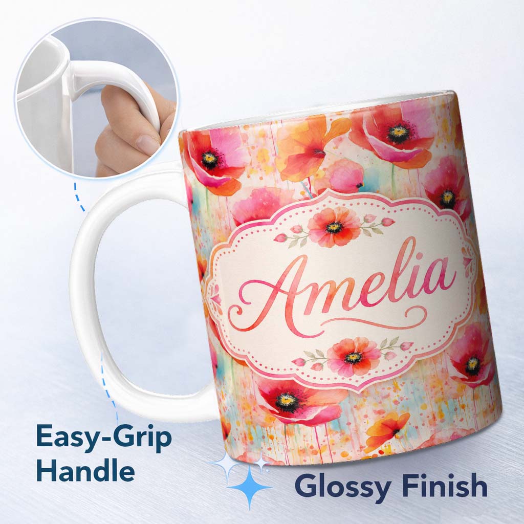 Personalized Custom Name Abstract Watercolor Poppy Bloom with Drip Effect Seamless Pattern 11oz Ceramic Coffee Tea Mug White Large Handle