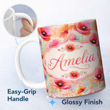 Personalized Custom Name Abstract Watercolor Poppy Bloom with Drip Effect Seamless Pattern 11oz Ceramic Coffee Tea Mug White Large Handle