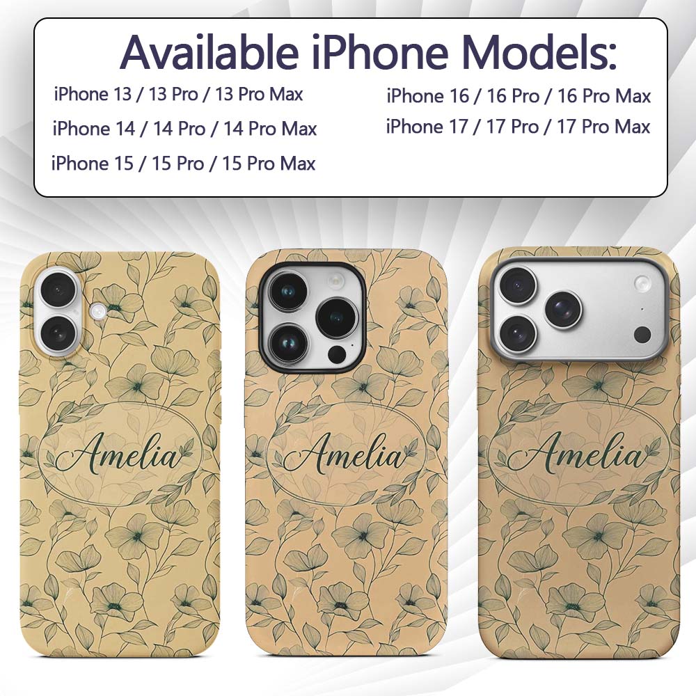 Vintage Beige Floral Botanical Pattern with Fine Custom Name Protective Phone Case Mobile Cover Durable Everyday Smartphone Shock Resistant