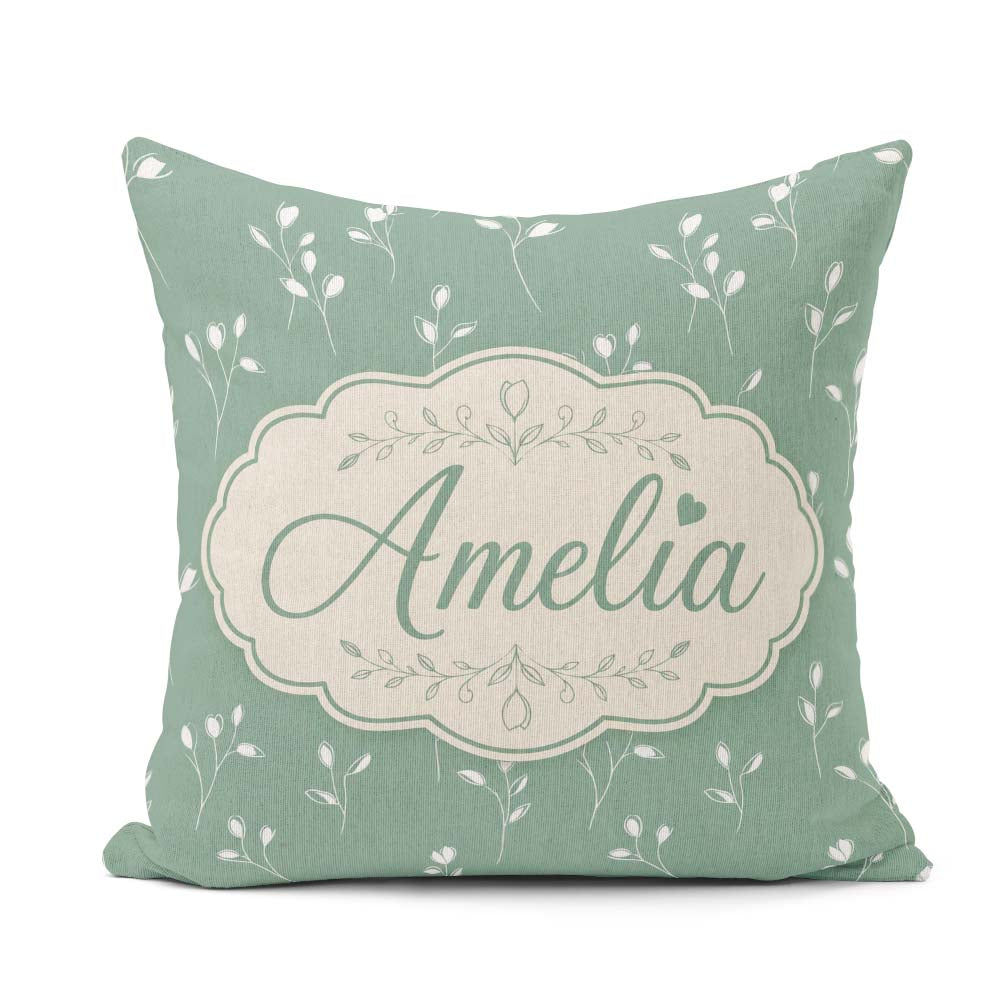 Custom Name Minimalist Sage Green Floral Bud with Delicate White Square Filled Cushion Throw Pillow Sofa Bed Home Decor Zip Washable UK Made