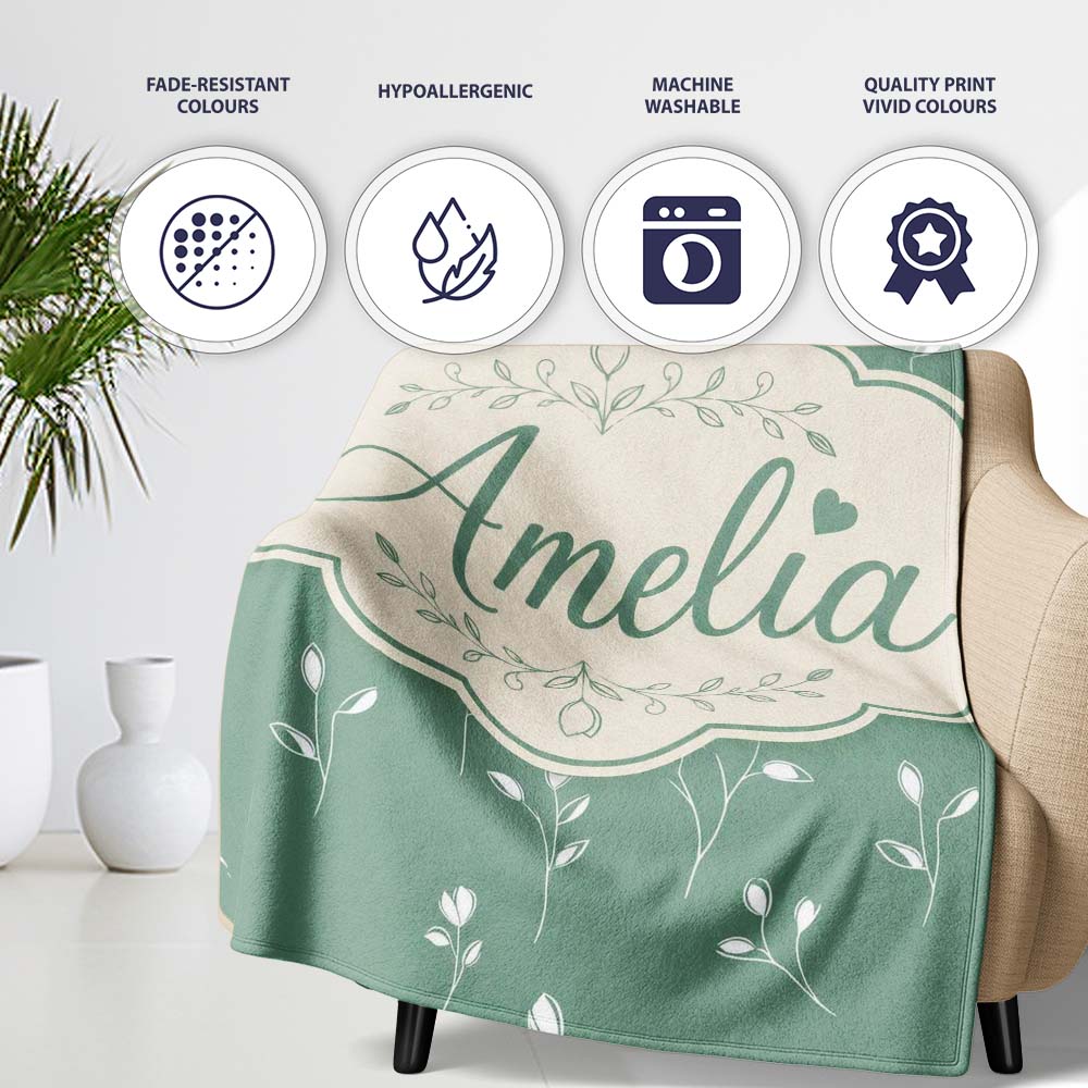 Minimalist Sage Green Floral Bud Pattern with Delicate White Line  Personalised Custom Name Super Soft Fleece Blanket Bed Sofa Throw