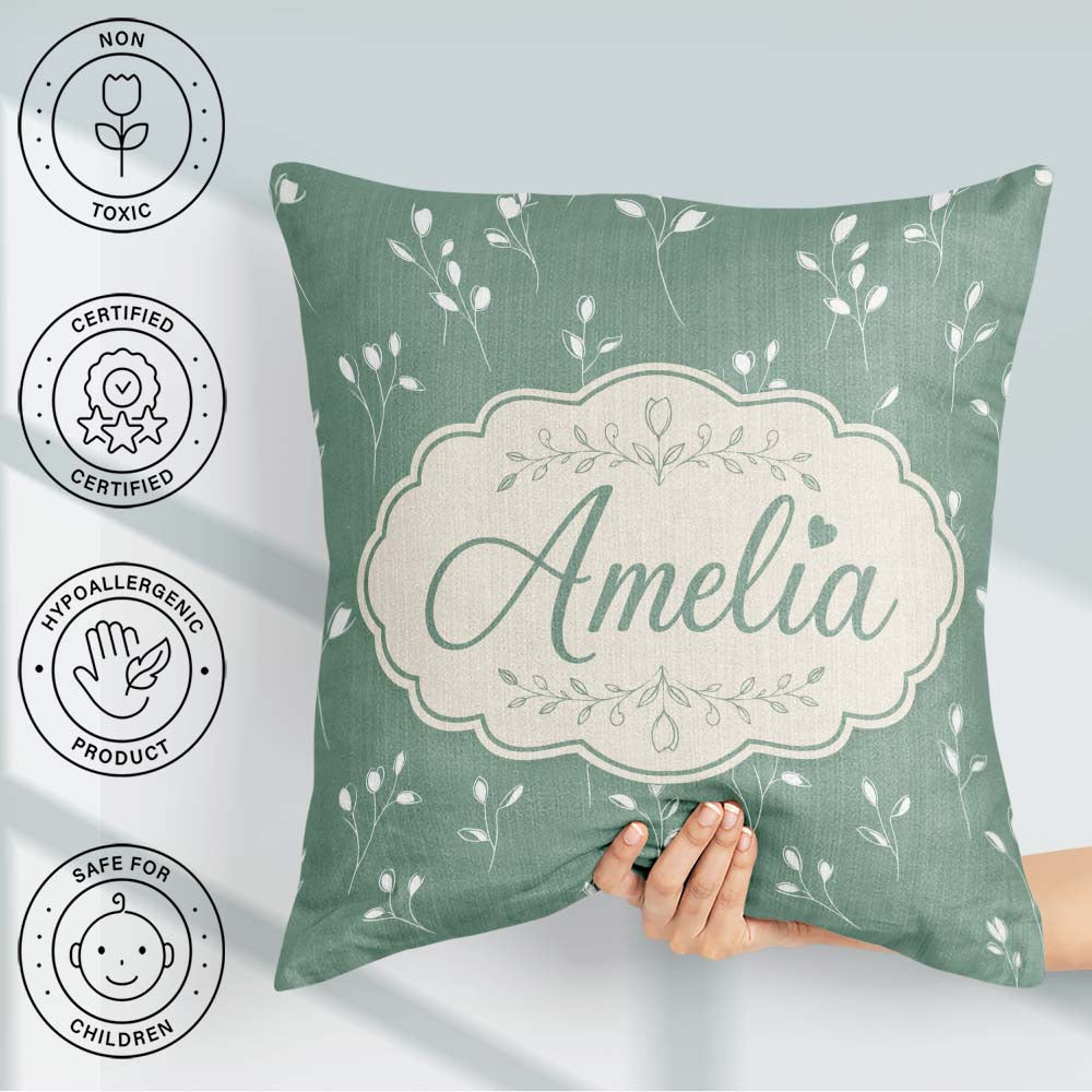 Custom Name Minimalist Sage Green Floral Bud with Delicate White Square Filled Cushion Throw Pillow Sofa Bed Home Decor Zip Washable UK Made