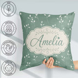 Custom Name Minimalist Sage Green Floral Bud with Delicate White Square Filled Cushion Throw Pillow Sofa Bed Home Decor Zip Washable UK Made