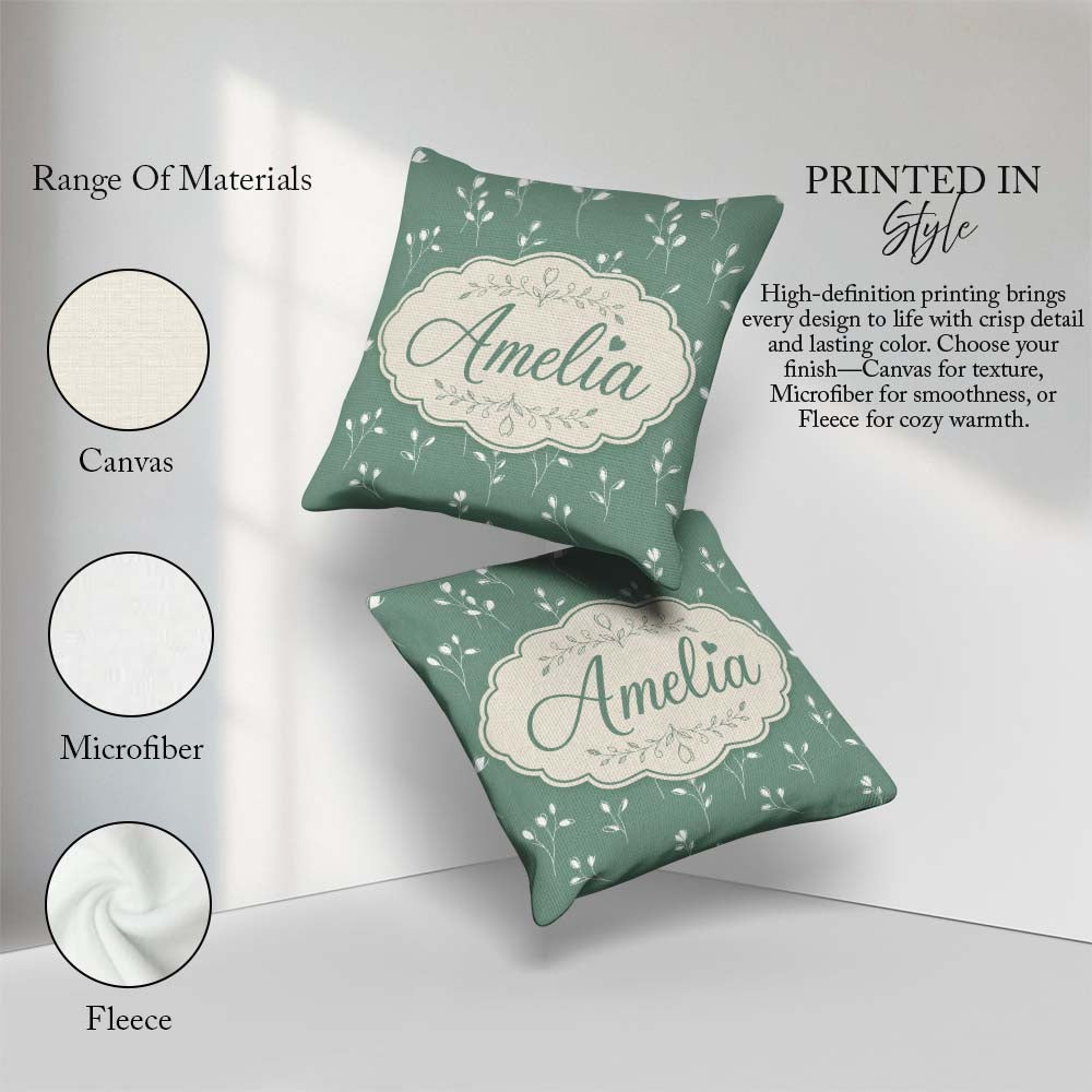 Custom Name Minimalist Sage Green Floral Bud with Delicate White Square Filled Cushion Throw Pillow Sofa Bed Home Decor Zip Washable UK Made