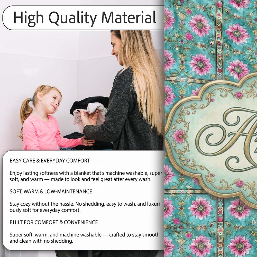 Teal Pink Daisy Floral Tile Pattern Vintage Ornamental Design Lovely  Personalised Custom Name Super Soft Fleece Blanket Bed Sofa Throw