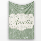 Soft Green Botanical Line Art Floral Pattern with Minimal Leaves  Personalised Custom Name Super Soft Fleece Blanket Bed Sofa Throw