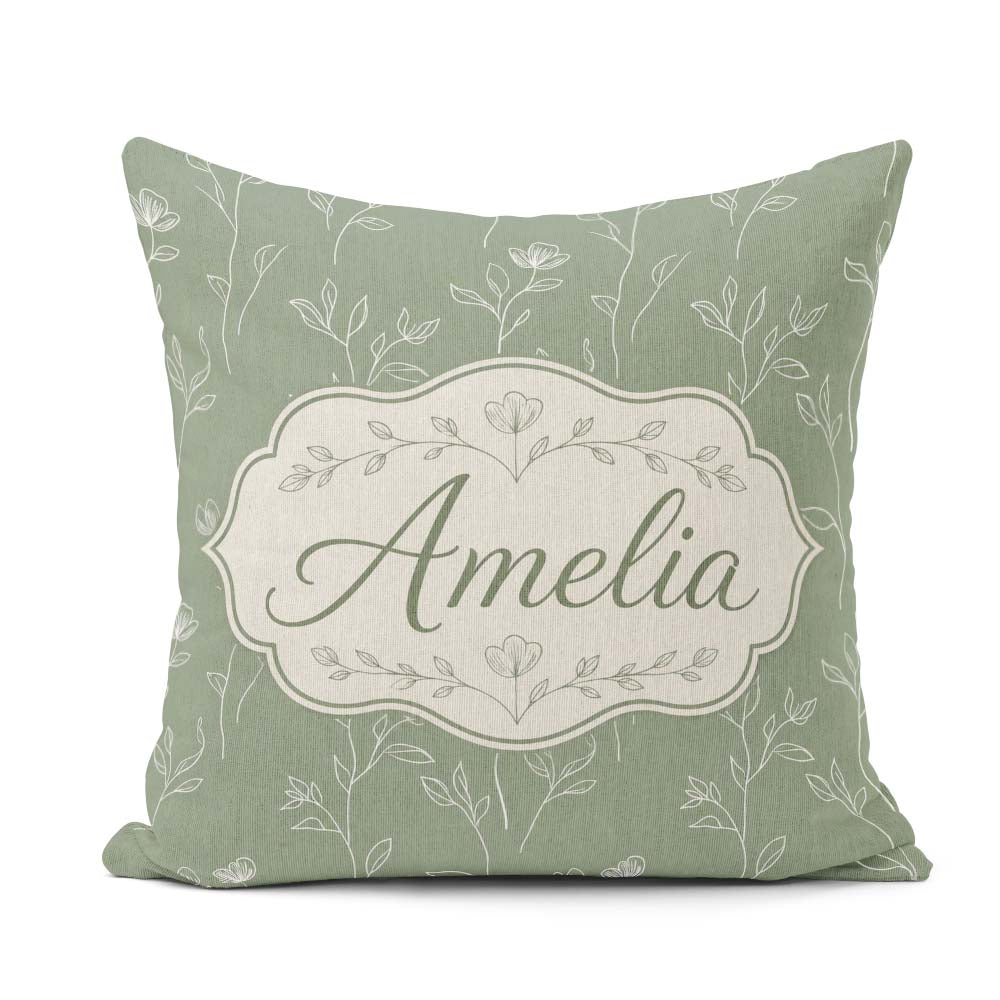Custom Name Soft Green Botanical Line Art Floral Pattern Minimal Square Filled Cushion Throw Pillow Sofa Bed Home Decor Zip Washable UK Made