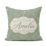 Custom Name Soft Green Botanical Line Art Floral Pattern Minimal Square Filled Cushion Throw Pillow Sofa Bed Home Decor Zip Washable UK Made