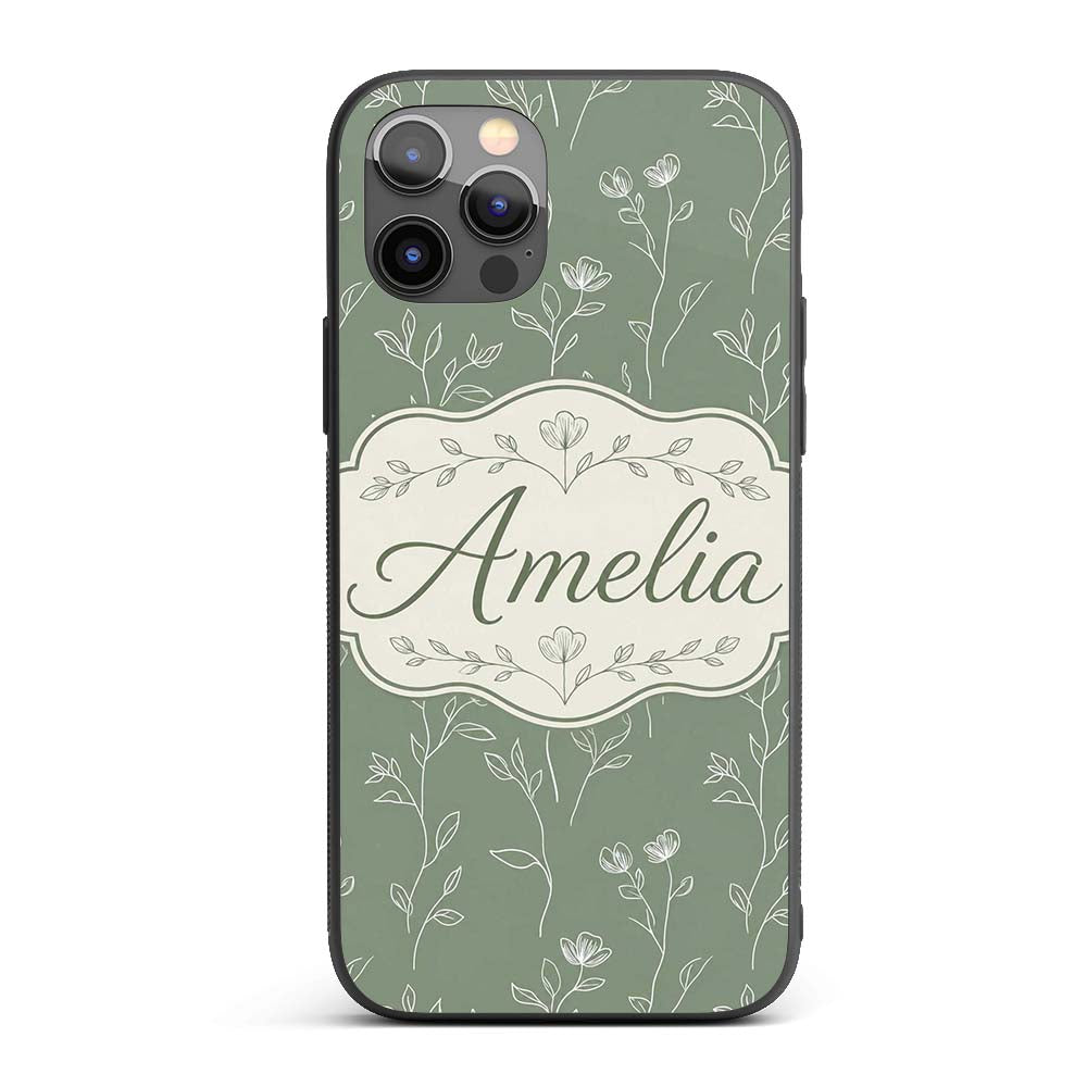 Soft Green Botanical Line Art Floral Pattern with Custom Name Protective Phone Case Mobile Cover Durable Everyday Smartphone Shock Resistant