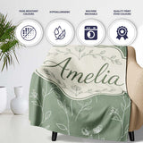 Soft Green Botanical Line Art Floral Pattern with Minimal Leaves  Personalised Custom Name Super Soft Fleece Blanket Bed Sofa Throw