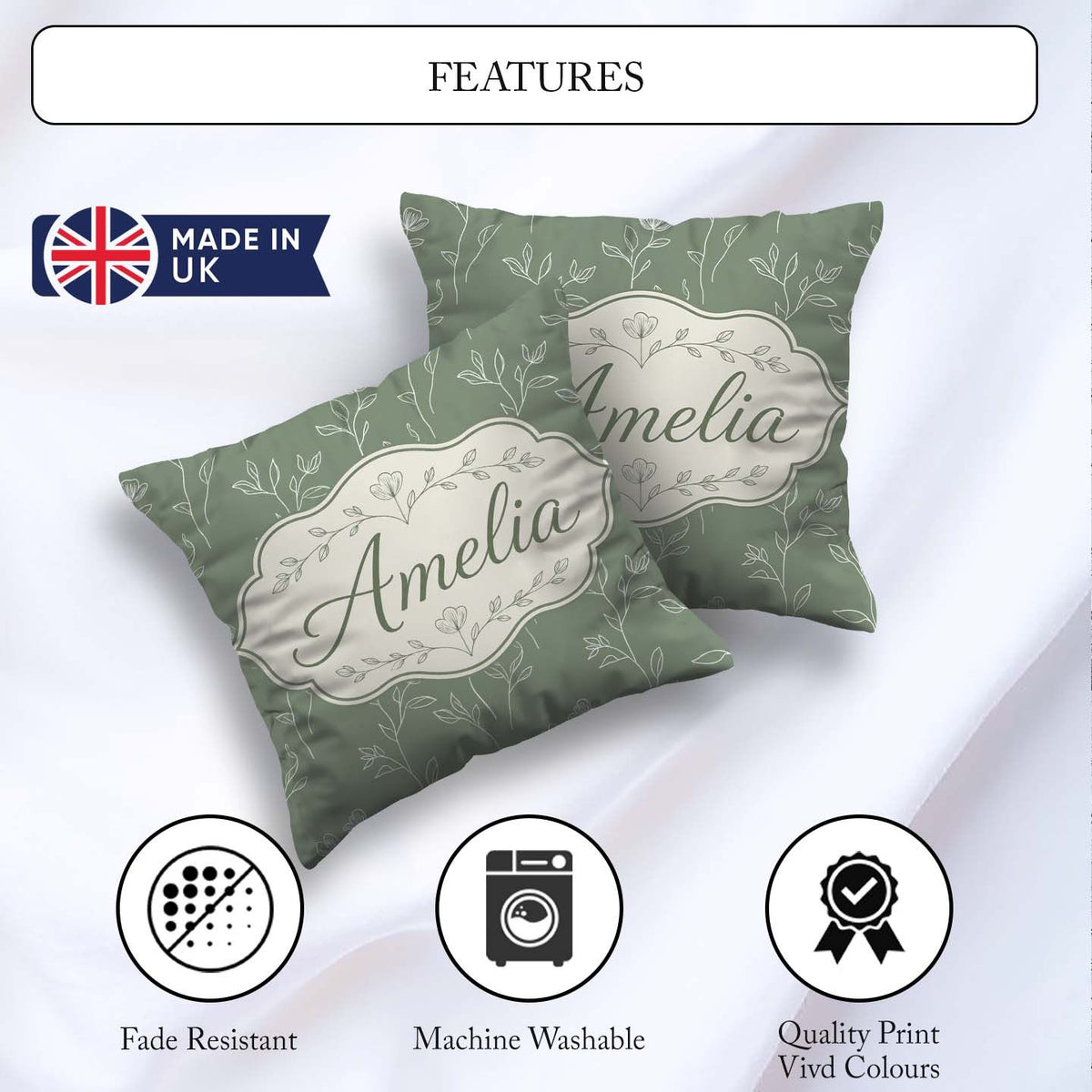 Custom Name Soft Green Botanical Line Art Floral Pattern Minimal Square Filled Cushion Throw Pillow Sofa Bed Home Decor Zip Washable UK Made