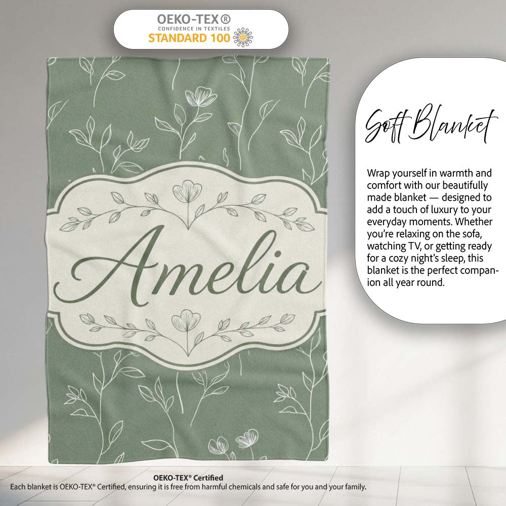 Soft Green Botanical Line Art Floral Pattern with Minimal Leaves  Personalised Custom Name Super Soft Fleece Blanket Bed Sofa Throw