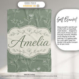 Soft Green Botanical Line Art Floral Pattern with Minimal Leaves  Personalised Custom Name Super Soft Fleece Blanket Bed Sofa Throw