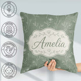 Custom Name Soft Green Botanical Line Art Floral Pattern Minimal Square Filled Cushion Throw Pillow Sofa Bed Home Decor Zip Washable UK Made