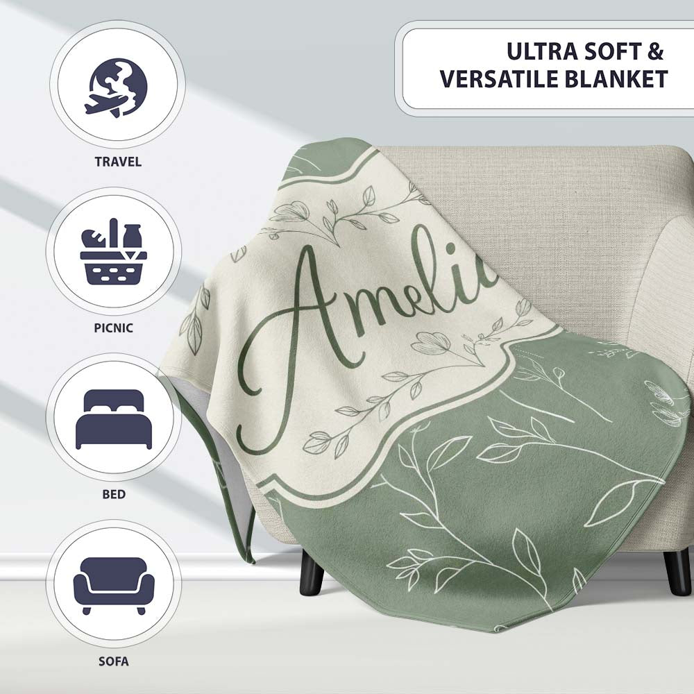 Soft Green Botanical Line Art Floral Pattern with Minimal Leaves  Personalised Custom Name Super Soft Fleece Blanket Bed Sofa Throw