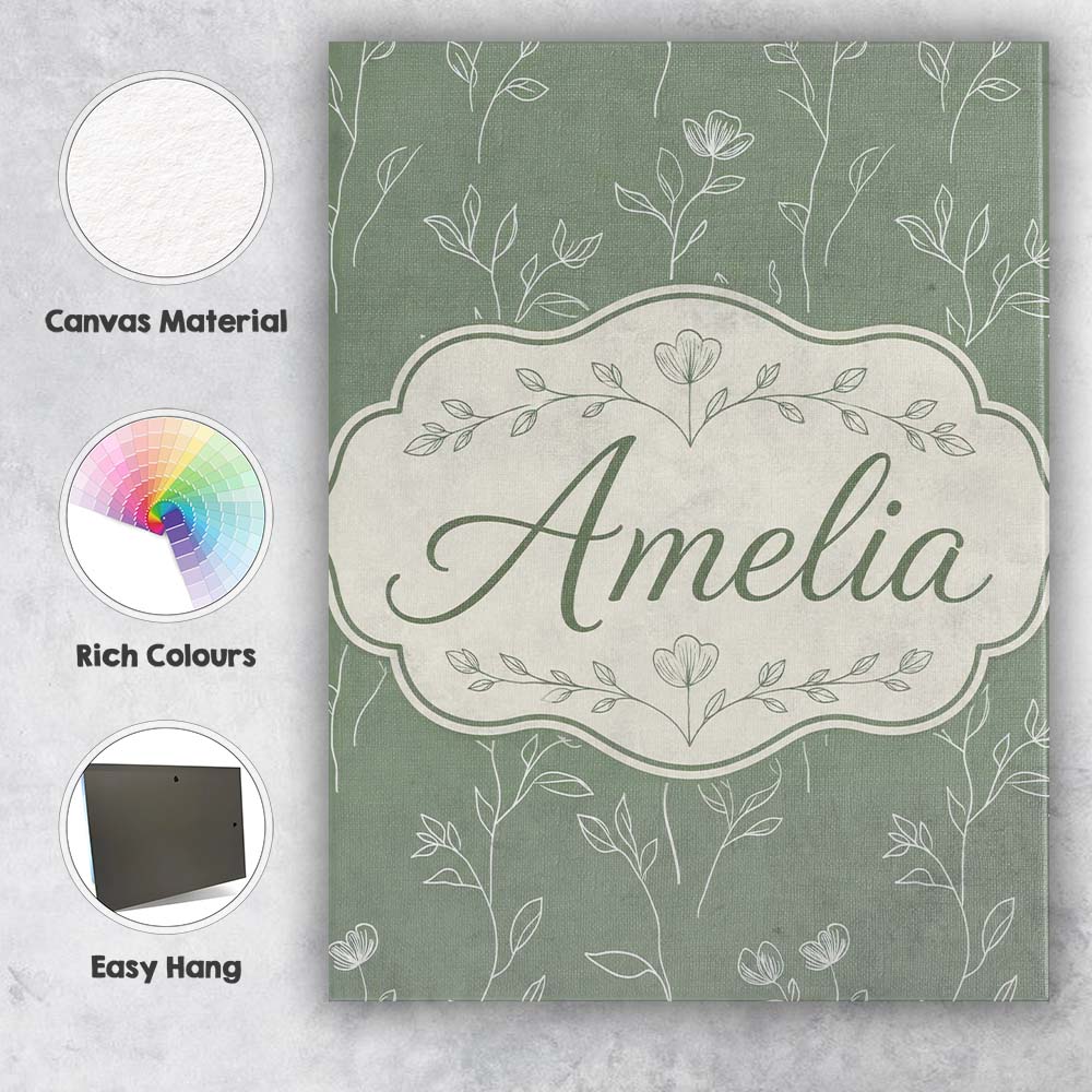 Personalised Name Soft Green Botanical Line Custom  Bespoke Interior Contemporary Canvas Wall Art Print Decor Picture Ready to Hang