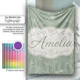 Soft Green Botanical Line Art Floral Pattern with Minimal Leaves  Personalised Custom Name Super Soft Fleece Blanket Bed Sofa Throw