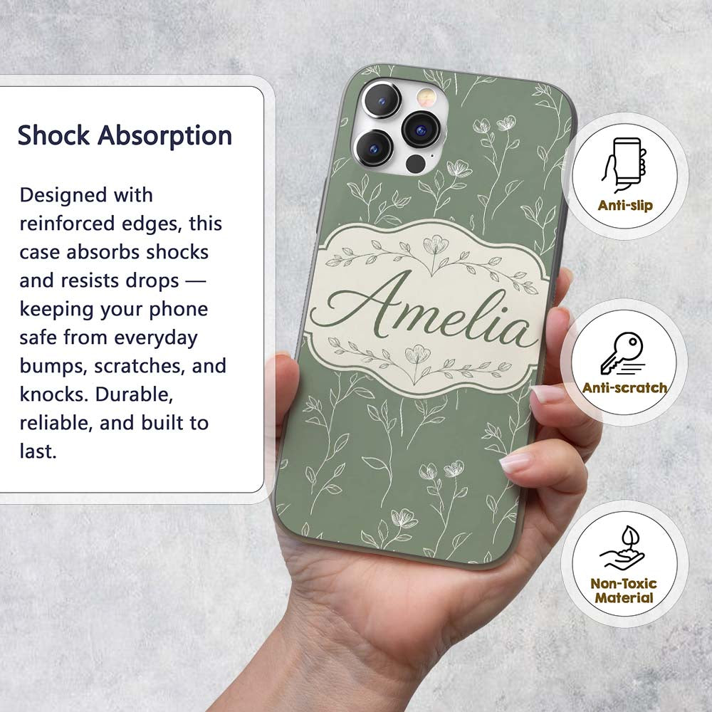 Soft Green Botanical Line Art Floral Pattern with Custom Name Protective Phone Case Mobile Cover Durable Everyday Smartphone Shock Resistant