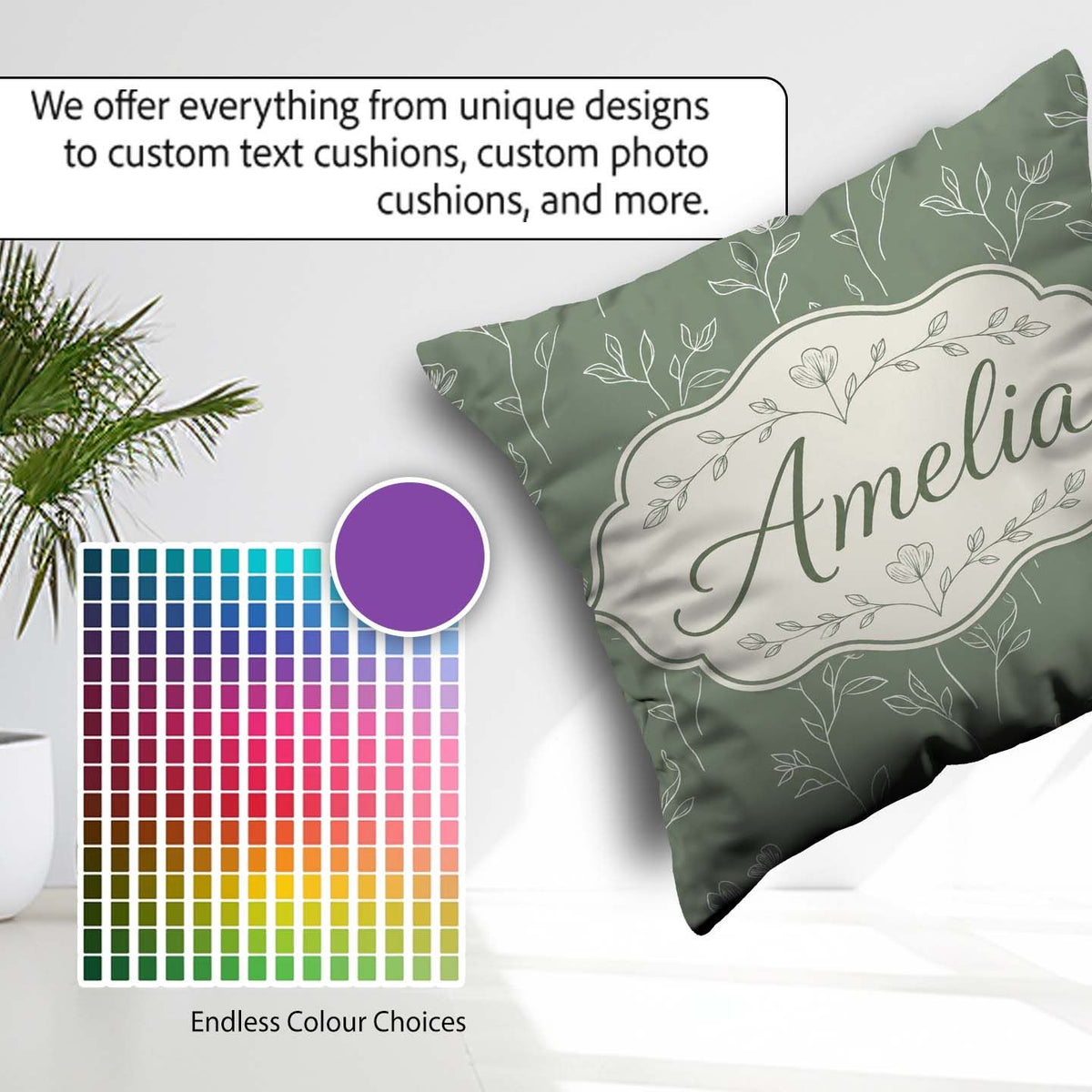 Custom Name Soft Green Botanical Line Art Floral Pattern Minimal Square Filled Cushion Throw Pillow Sofa Bed Home Decor Zip Washable UK Made