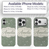 Soft Green Botanical Line Art Floral Pattern with Custom Name Protective Phone Case Mobile Cover Durable Everyday Smartphone Shock Resistant