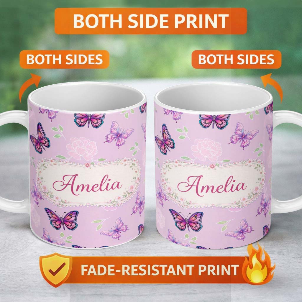 Personalized Custom Name Pink Purple Butterfly Floral Lavender Background Seamless Pattern 11oz Ceramic Coffee Tea Mug White Large Handle