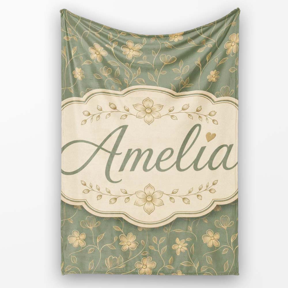 Vintage Olive Floral Vine Pattern with Soft Gold Detailed Flowers  Personalised Custom Name Super Soft Fleece Blanket Bed Sofa Throw