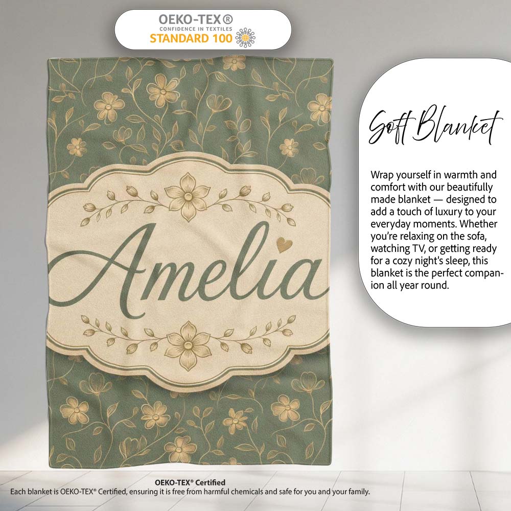 Vintage Olive Floral Vine Pattern with Soft Gold Detailed Flowers  Personalised Custom Name Super Soft Fleece Blanket Bed Sofa Throw