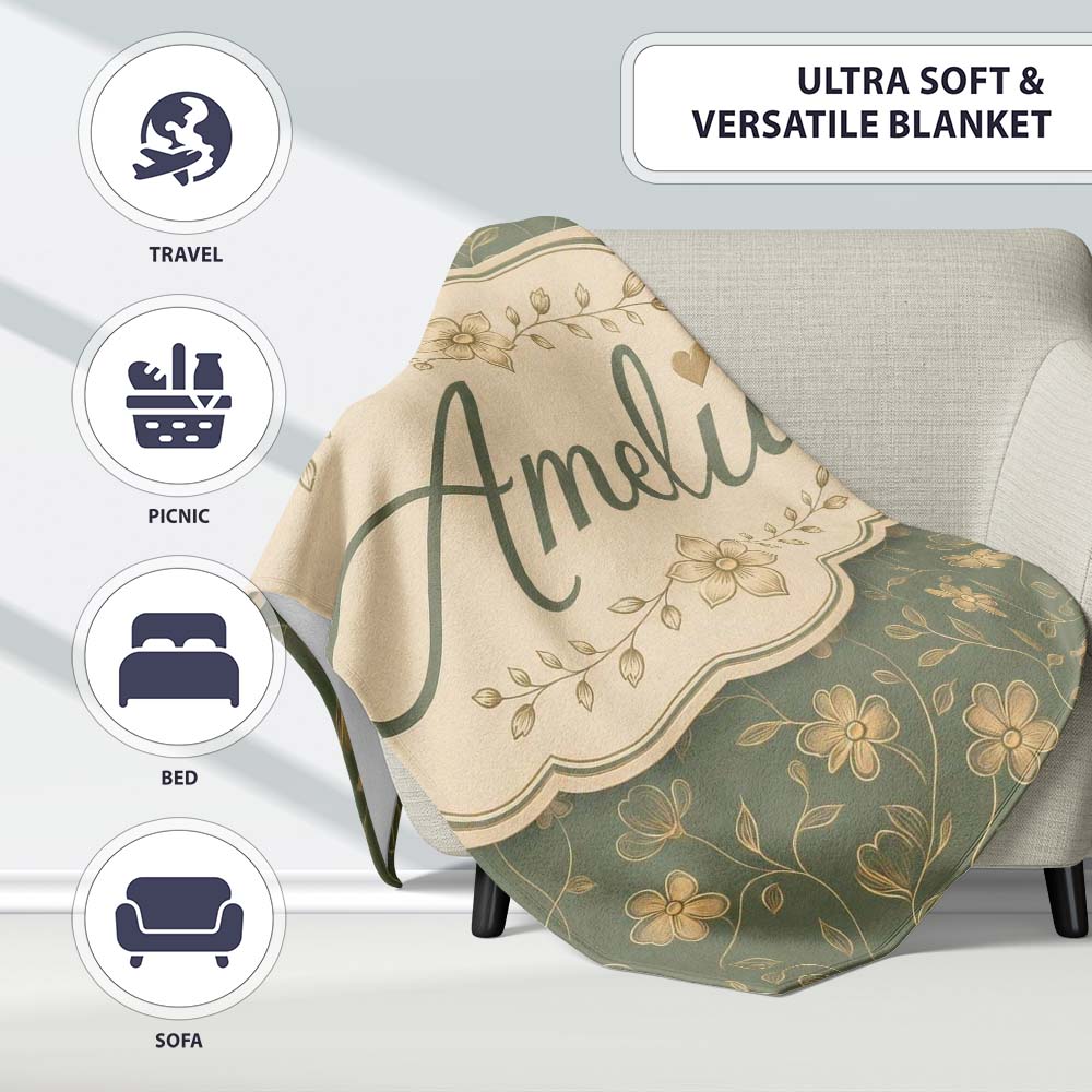 Vintage Olive Floral Vine Pattern with Soft Gold Detailed Flowers  Personalised Custom Name Super Soft Fleece Blanket Bed Sofa Throw