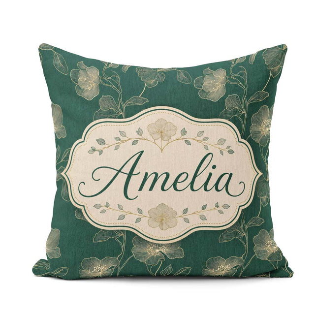 Custom Name Elegant Deep Green Floral Pattern with Gold Line Art Square Filled Cushion Throw Pillow Sofa Bed Home Decor Zip Washable UK Made