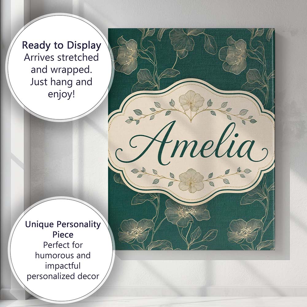 Personalised Name Elegant Deep Green Floral Custom  Bespoke Interior Contemporary Canvas Wall Art Print Decor Picture Ready to Hang