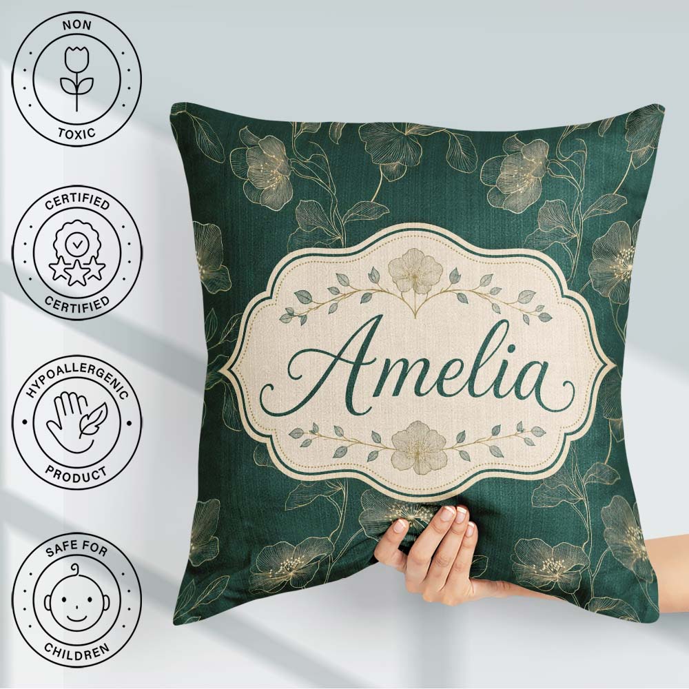 Custom Name Elegant Deep Green Floral Pattern with Gold Line Art Square Filled Cushion Throw Pillow Sofa Bed Home Decor Zip Washable UK Made