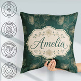 Custom Name Elegant Deep Green Floral Pattern with Gold Line Art Square Filled Cushion Throw Pillow Sofa Bed Home Decor Zip Washable UK Made