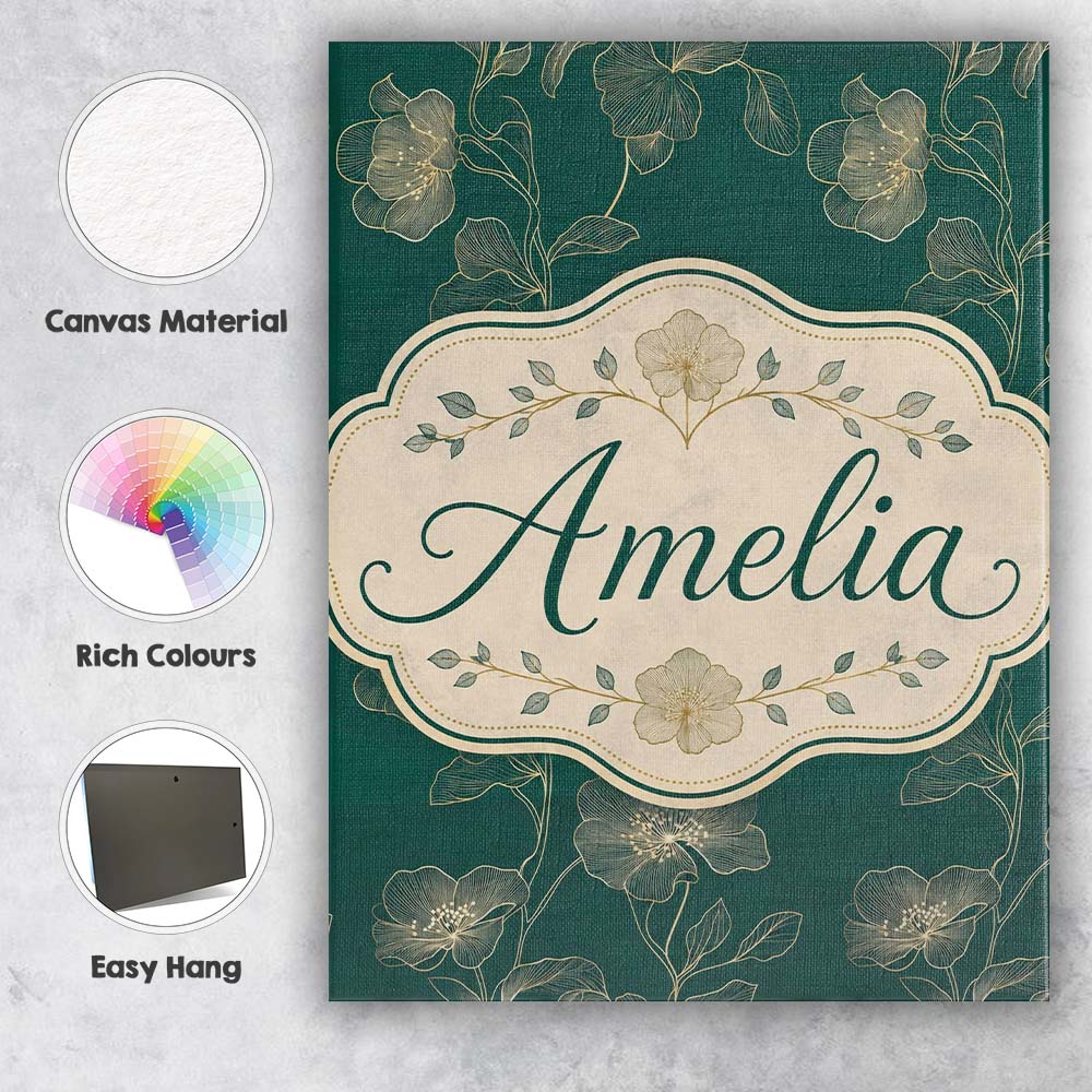 Personalised Name Elegant Deep Green Floral Custom  Bespoke Interior Contemporary Canvas Wall Art Print Decor Picture Ready to Hang