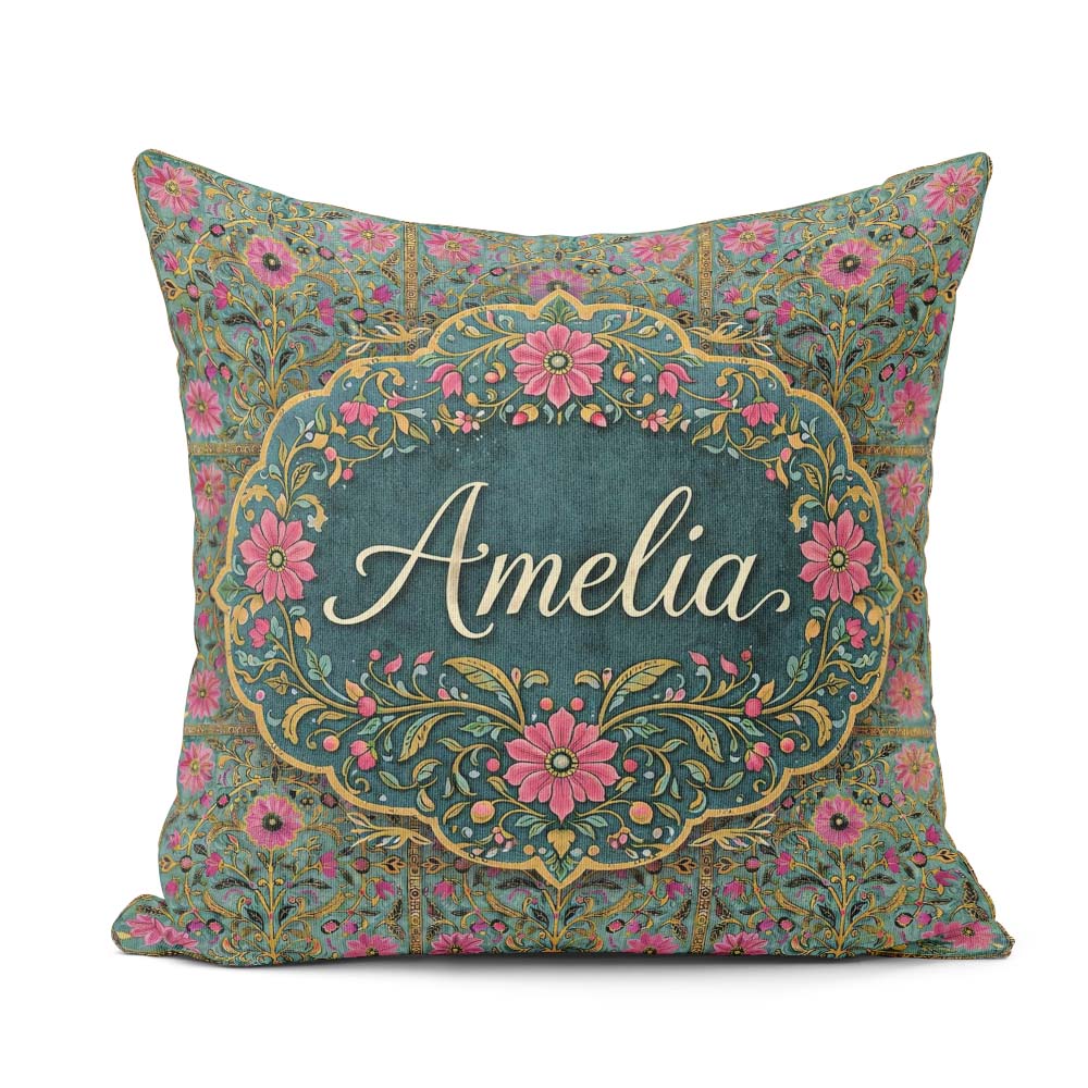 Custom Name Teal Pink Decorative Floral Tile Pattern Symmetrical Square Filled Cushion Throw Pillow Sofa Bed Home Decor Zip Washable UK Made