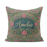 Custom Name Teal Pink Decorative Floral Tile Pattern Symmetrical Square Filled Cushion Throw Pillow Sofa Bed Home Decor Zip Washable UK Made