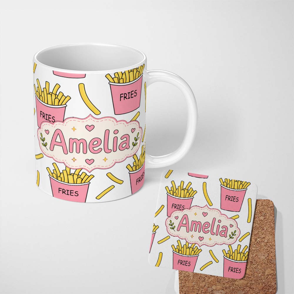 Personalized Custom Name Cute French Fries Cartoon Snack Seamless Pattern Pink Cups Grey 11oz Ceramic Coffee Tea Mug White Large Handle